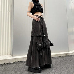 Aiertu 2024 Spring Women Vintage Baggy Streetwear Denim Skirt Grunge 00S High Waist Y2K High Street Basic A-Line Lady Pockets Skirt Aiertu