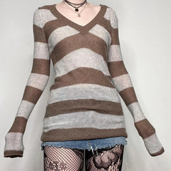 y2k Grunge Striped Knitted V Neck Sweater Dress for Women Mall Goth Emo Vintage Mini Dress Fall Winter Slim Fit Jumpers Aiertu