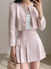 Aiertu Fashion Korea Elegant Tweed Small Fragrance Short Jacket Cropped Coats + High Waist Mini Skirts Suits Slim Women Two Piece Sets Aiertu