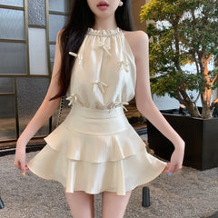 Aiertu Fashion Temperament Bow Diamond Hanging Neck Top Satin Cake Skirt Two-piece Set Women Shirring Off Shoulder Solid Sweet Wear New Aiertu