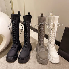 Chunky Platform Knitted Long Boots Women Autumn Thick Bottom Warm Sock Shoes Woman Lace Up Knee High Botas De Mujer Aiertu