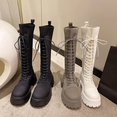 Aiertu Chunky Platform Knitted Long Boots Women Autumn Thick Bottom Warm Sock Shoes Woman Lace Up Knee High Botas De Mujer Aiertu