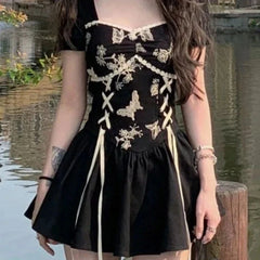 Aiertu - Flight of Monochrome Butterflies Goth Dress Dark Academia Kawaii Academia Y2K Cottagecore Coquette Fairycore Dollette Princesscore Aiertu