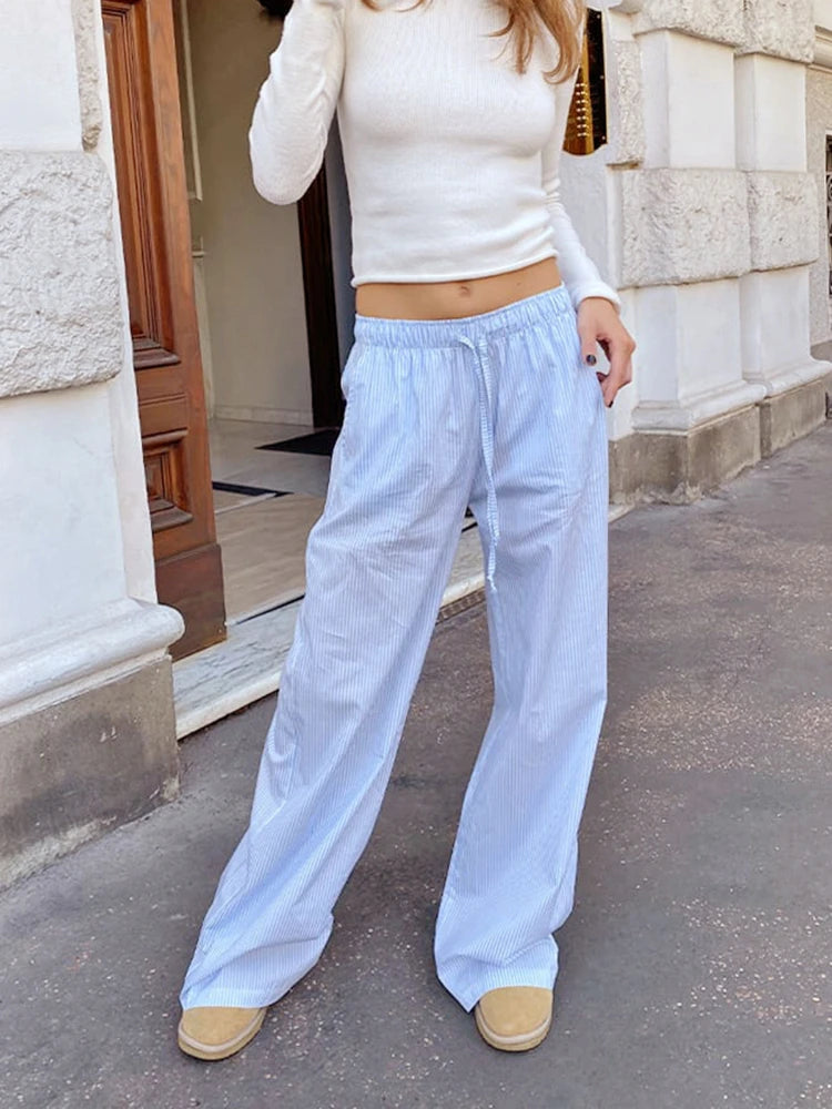 Aiertu Y2k Striped Pants Women Casual Blue High Waist Wide Leg Trousers Oversized Korean Style Red Spring New in Pants Harajuku Aiertu