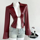 AIERTU - Women Red Turn Down Collar PU Jackets Cropped Slim Fit Cinched Waist Flared Sleeve Slit Y2K American Retro Outerwears Aiertu