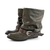 AIERTU - Women Western Cowboy Mid Calf Boots Vintage Pointed Toe Chunky Heel Riding Boots with Ornate Buckle Rivets Casual Ankle Boots Aiertu