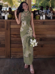 AIERTU - Fashion Party Gown Dress Women Hollow Frog Button Stand-Up Collar Floral Print Sleeveless Classic Elegant Chic Vestidos Aiertu