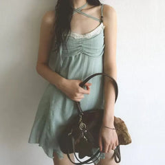 AIERTU - Lace Pleats Vintage Strap Chiffon Dress Women Patchwork Strapless Cross Straps Summer Sexy And Sweet Slim Fit Comfortable Dress Aiertu