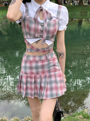 Aiertu Summer Sexy Two Piece Skirt Set Women Patchwork Plaid Korean Fashion Skirt Suit Female Casual Japanese Party Mini Skirt Set 2024 Aiertu