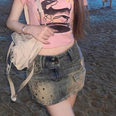 Aiertu Vintage Y2k Denim Skirt Women Sexy Harajuku Star Streetwear Mini Skirts A-line Retro Fashion Slim Up Casual Jeans Skirt Aiertu