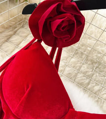 Aiertu DRESS TO IMPRESS French Retro Velvet Dress Ladies Spaghetti Strap Sleeveless 3D Flowers Split Red Evening Party Sexy Dresses aiertu