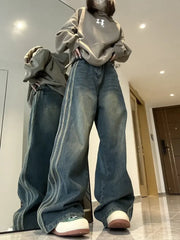 Aiertu Y2K Vintage High Waist Streetwear Style Blue Jeans Pants Korean Fashion Women's Wide Leg Striped Denim Trouser Female Clothes Aiertu