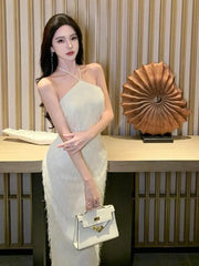 Aiertu White Halter Tassel Bandage Dress Women Summer Backless Sexy Club Dress Luxury Elegant Temperament Party Evening Dresses Aiertu