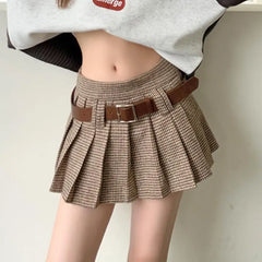 Aiertu Pleated Plaid Skirt Preppy Style Women Vintage Y2k Mini Skirts Korean Style Retro High Waist Sexy Belt Short Skirts Aiertu