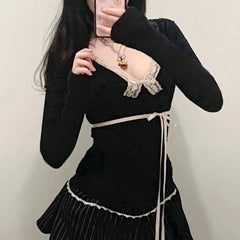 Aiertu Top y2k Women Clothes Lace Trim V Neck Long Sleeve T Shirt with Bow Decor 2000s Coquette Clothing Streetwear aiertu