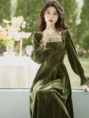 Aiertu Elegant Vintage Velvet Midi Dress Women Lace Patchwork Slim Korean Fairy Dress Female 2024 Spring Fashion Casual Party Dress Y2k Aiertu