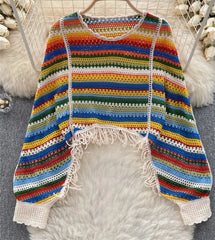Fashion Hotsweet Vacation Knitting Blouse Hook Flower Hollow Long Sleeved Tassel Design Summer Women Casual Loose Top Aiertu