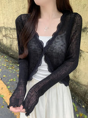Aiertu Lace Trim One Button Long Sleeve Crop Top Women Short Sleeve Open Front Ribbed Knit Cardigan Sweater Summer Fairycore Outfit Aiertu