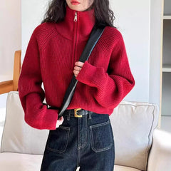 Autumn Winter Zipper Sweaters Women Solid Color High Neck Knitted Pullover Solid Red Loose Turndown Collar Women's Turtleneck Aiertu