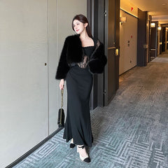 Aiertu Women's Elegant Long Dress 2024 Spring Fashion Temperament Sexy Splicing Design Lace Fishbone Splicing Dresses Aiertu