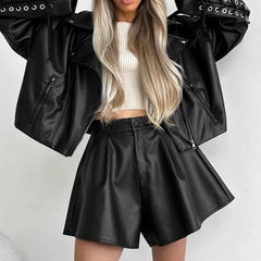 Aiertu Black Leather Shorts Women Autumn Winter Pleated High Waist Sexy Pu Shorts Casual Wide Leg Shorts Female Office Ladies aiertu