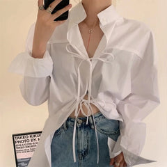 Aiertu Streetwear White Shirts Women Harajuku Oversized Bandage Long Sleeve Blouses Korean Fashion Elegant Casual Chic Tops Spring New Aiertu