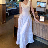 AIERTU - Women Dress Retro Lace Pattern Splicing Swinging Collar Sleeveless High Waist Solid Color Simple Vest Style Sling Long Dresses Aiertu