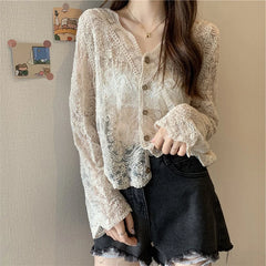Korean Mesh Hollow Out Shirt Women Lace Sunscreen Summer Loose Sweet Cardigan Single-Breasted Chic Pretty Style Blouses Aiertu