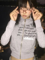Aiertu Vintgae American Retro Letter Print Zipper Hoodie 2024 Spring Fashion Y2k Japanese Harajuku Cropped Sweatshirt Women Aiertu