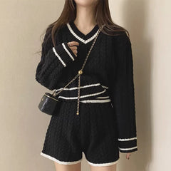 Women Two Piece Sets Long Sleeve Knitted Tops And Shorts Casual Suit Solid Office Sets For Women 2024 Autumn Winter Aiertu