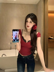 Aiertu Women Vintage Tees Chic Short Sleeve Soft Square Collar Crop Top Casual Loose Fashion Office Lady Lace T-Shirts Coquette Grunge Aiertu