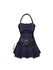 Aiertu Women Denim Mini Dress Off Shoulder Halter Neck Sleeveless Suspender Dress Summer Y2k Vintage Party Elegant Ladies A-line Frocks Aiertu