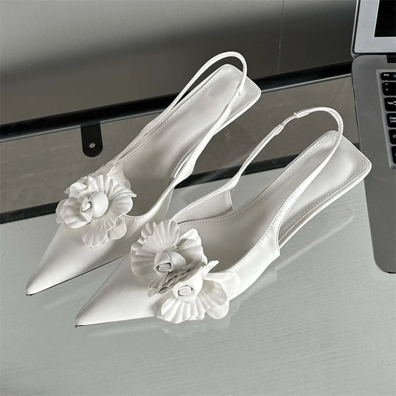 Sexy Flower Pointed Toe Thin Low Heels Women Pumps Elegant Wedding Slingback Shoes Mules Zapatos De Mujer Aiertu