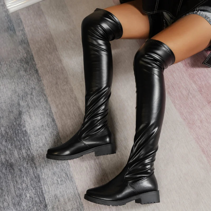 Women's Over-the-knee Boots Thigh High Low Heel Trend Elegant Plus Size Comfortable Fashion Round Head Black Aiertu