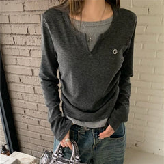 Aiertu Korean Style T-shirts Women Fake Two Pieces Sweet Patchwork Tops Autumn Winter Street Aesthetics Casual Long Sleeve Aiertu