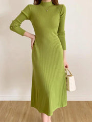 Aiertu Autumn Winter Long Sleeve Party Dress Women Button Knitted Mid-calf Half High Collar Elegant Knitted Sweater Dresses Ladies Aiertu