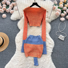 Aiertu Autumn Patchwork Knitted Two Pieces Sets Long Sleeves Hollow Out Slim Pullover+Mini Skirt Fashion Y2K Sweater Suits Aiertu