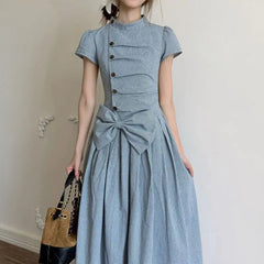 AIERTU - Retro Plaid Mid-neck Dress Women's Summer Short-sleeved Waist Big Bow Long Dress Aiertu