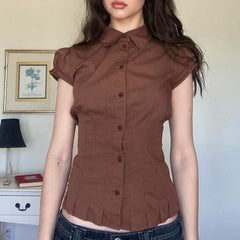 Fairycore Pleated Hem Shirt Brown Slim-fitting Turn-down Collar Blouses Button-up Short Sleeve Tops Streetwear Chic Y2K Aiertu