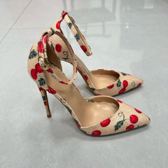 AIERTU - One Word Buckle with Cherry Print Pointed Stiletto High Heels for Women's Shallow Mouth Fashion Versatile Dating Commuter Shoes Aiertu