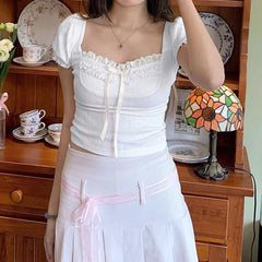Aiertu Cute Coquette Pink Crop Top Kawaii Ruched Stitching Square Collar White Short Sleeve T Shirts Women Summer Y2k Tees Lady Aiertu
