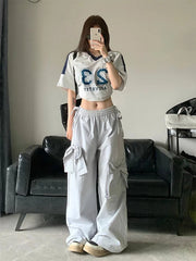 Aiertu New Design Gyaru Jeans Woman Vintage High Waist Wide Leg Pants Bow Elastic Waist Baggy Trousers Casual Tide Streetwear Simple Aiertu