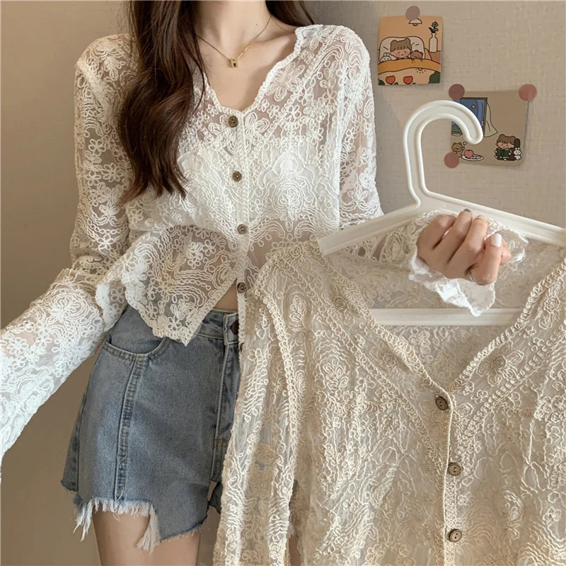 Korean Mesh Hollow Out Shirt Women Lace Sunscreen Summer Loose Sweet Cardigan Single-Breasted Chic Pretty Style Blouses Aiertu