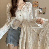 Korean Mesh Hollow Out Shirt Women Lace Sunscreen Summer Loose Sweet Cardigan Single-Breasted Chic Pretty Style Blouses Aiertu