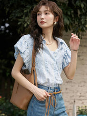Aiertu Blue Striped Fairycore Blouse Women Puff Short Sleeve Shirts Feminina Casual Sweet Korean Fashion Chic Tops Summer New Aiertu