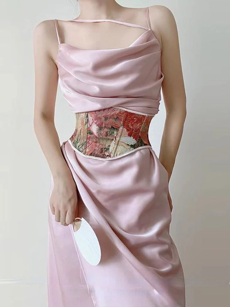 Aiertu Summer Elegant Sexy Two Piece Set Women Pink France Sweet Party Dress Set Female Print Vintage Tunic + Ruched Fairy Dress New Aiertu