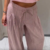 AIERTU - Striped Drawstring Wide Leg Pants Women High Waist Side Pocket Vertical Stripe Bottom Lady's Casual Outdoor Streetwear Trousers Aiertu