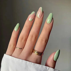 Aiertu 24Pcs Simple Green French False Nails Short Almond Fake Nails with Wave Line Design Wearable Round Head Press on Nail Tips Aiertu