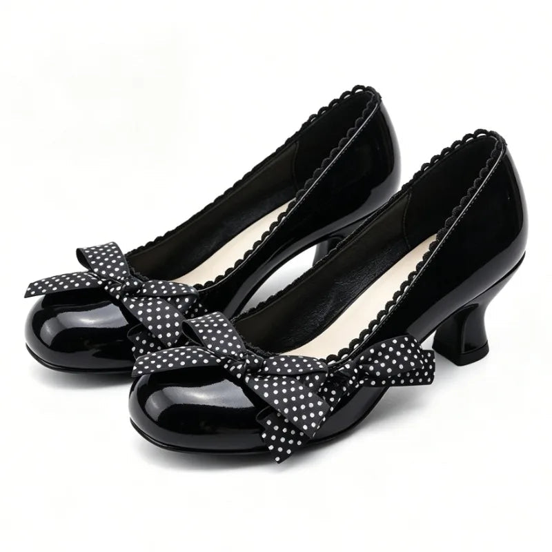 AIERTU - Riband Bow Round Toe Kitten Heel Mary Jane Shoes Women Pumps Sweet Chunky-Heel Dress Shoes Spring Vintage Lolita Shoes Aiertu
