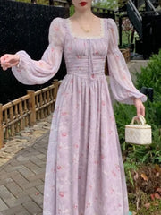 Aiertu Women Casual Print Elegant Square Collar Midi Dress Vintage Female Long Sleeve Lace Holiday Beach Dress Slim Evening Party Dress Aiertu